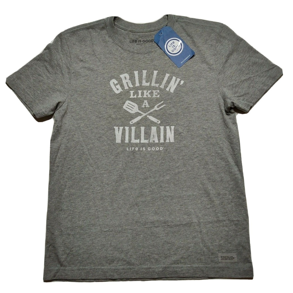 GRILLIN' LIKE A VILLAIN Men Small LIFE IS GOOD Crusher Tee Gray T-Shirt NEW